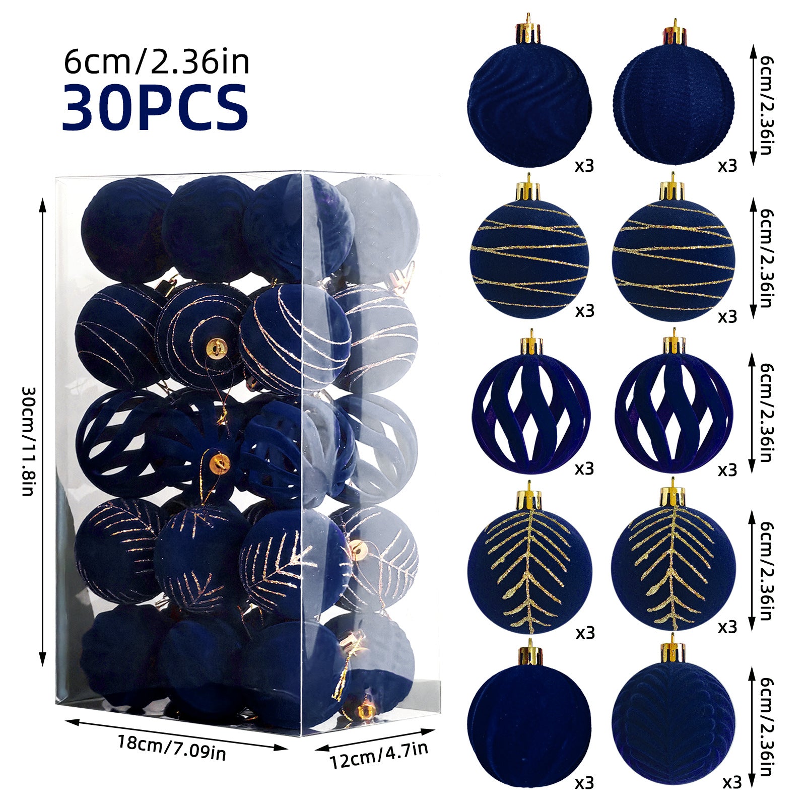 Flocked Painted Christmas Ornament Set - 30pc Round Ball Pendant Secondary image