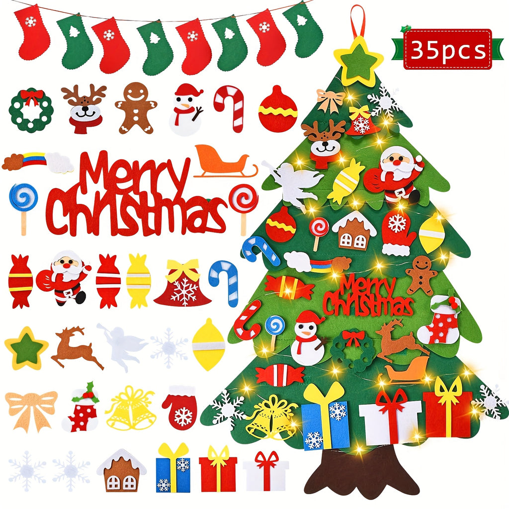 Assorted felt Christmas decorations including trees and snowmen