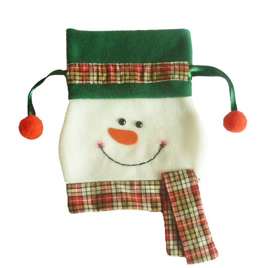 White snowman cloth candy bag with festive charm for Christmas gifting
