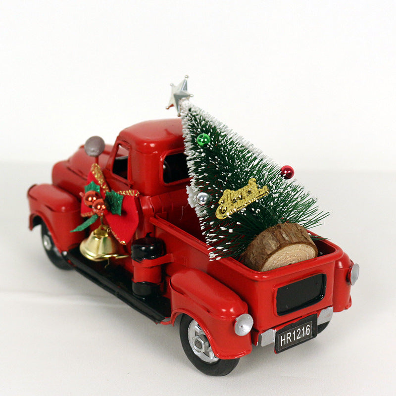 Retro red truck Christmas ornament hanging on tree for rustic holiday decor