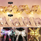 Silk Christmas light string draped decoratively with warm glowing bulbs