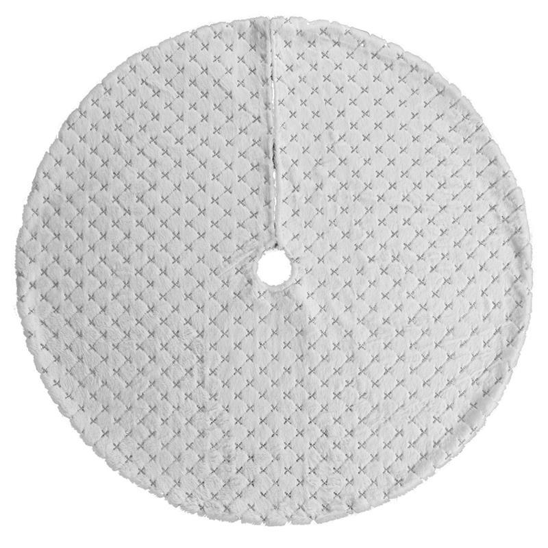 White sequin tree skirt in diamond plaid design for holiday home decor