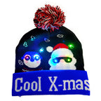Cozy knitted Christmas cap in holiday colors with glowing lights