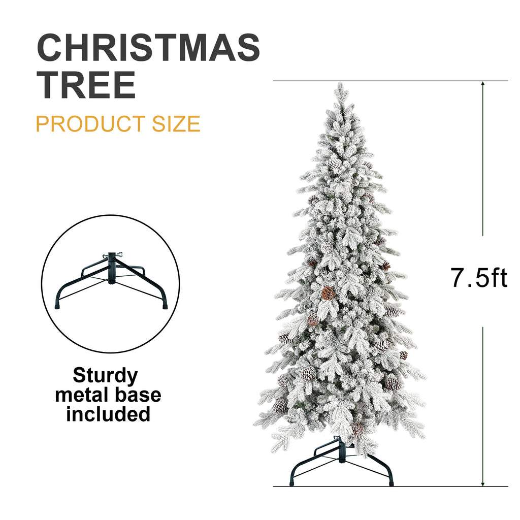 Snow-flocked Christmas tree with realistic pine cone decorations