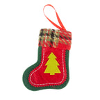 Close-up of a single fabric stocking charm with hanging loop detail