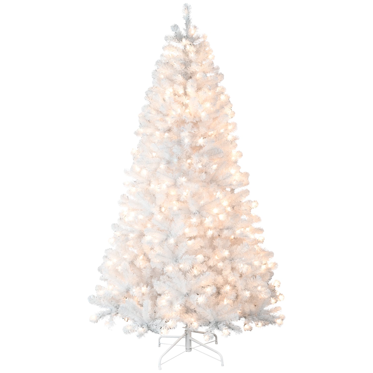 Close-up of white PVC Christmas tree branches with warm lights