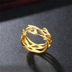 Jesus crown of thorns ring with olive branch design in polished gold finish