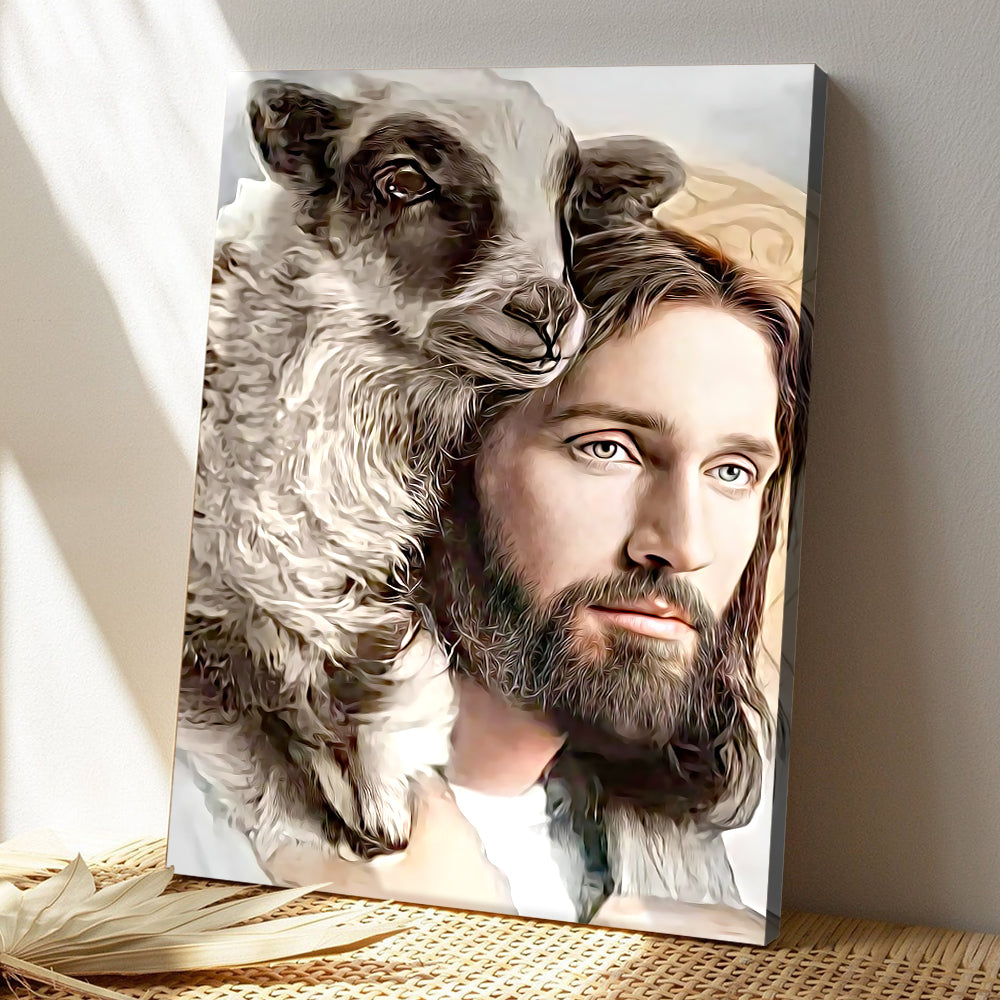 Jesus and sheep canvas wall art with wood frame for home