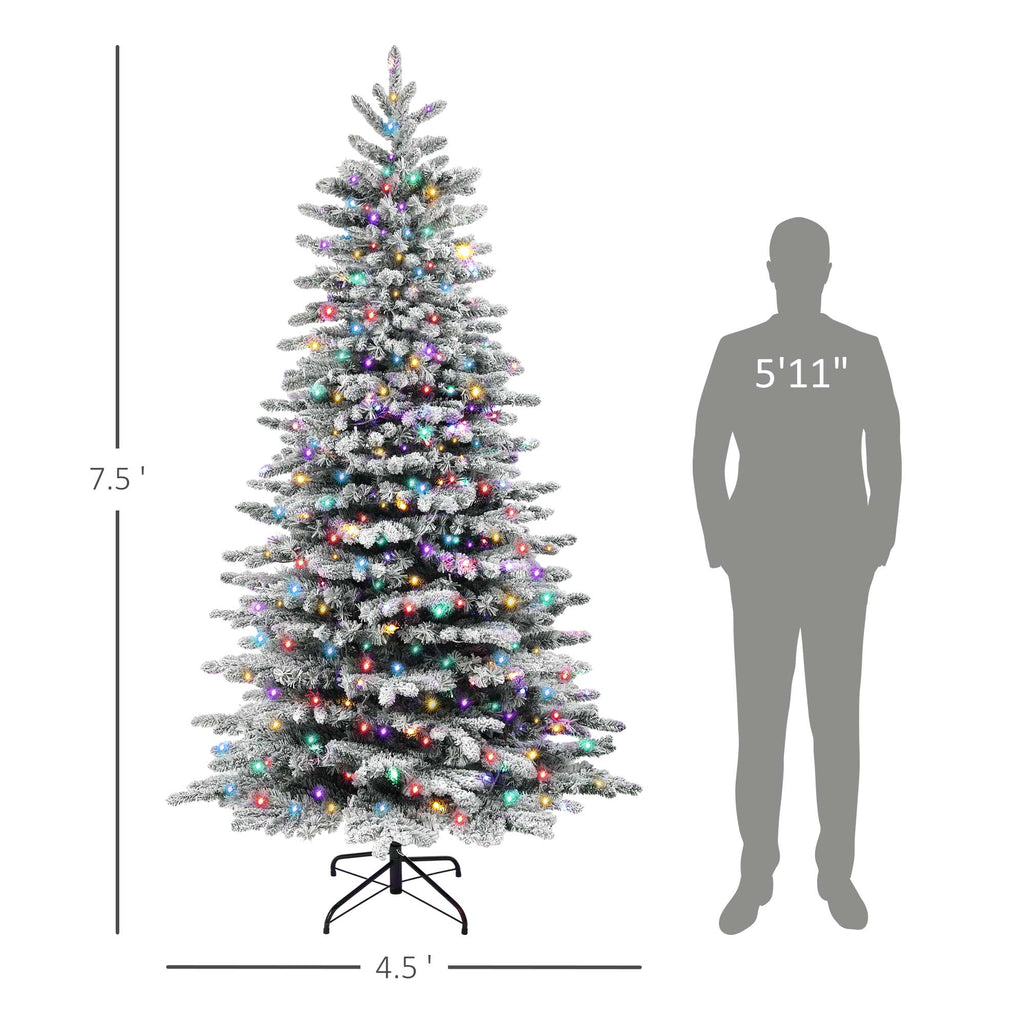 Snow-flocked branches with realistic pine needles and multicolor Christmas lights