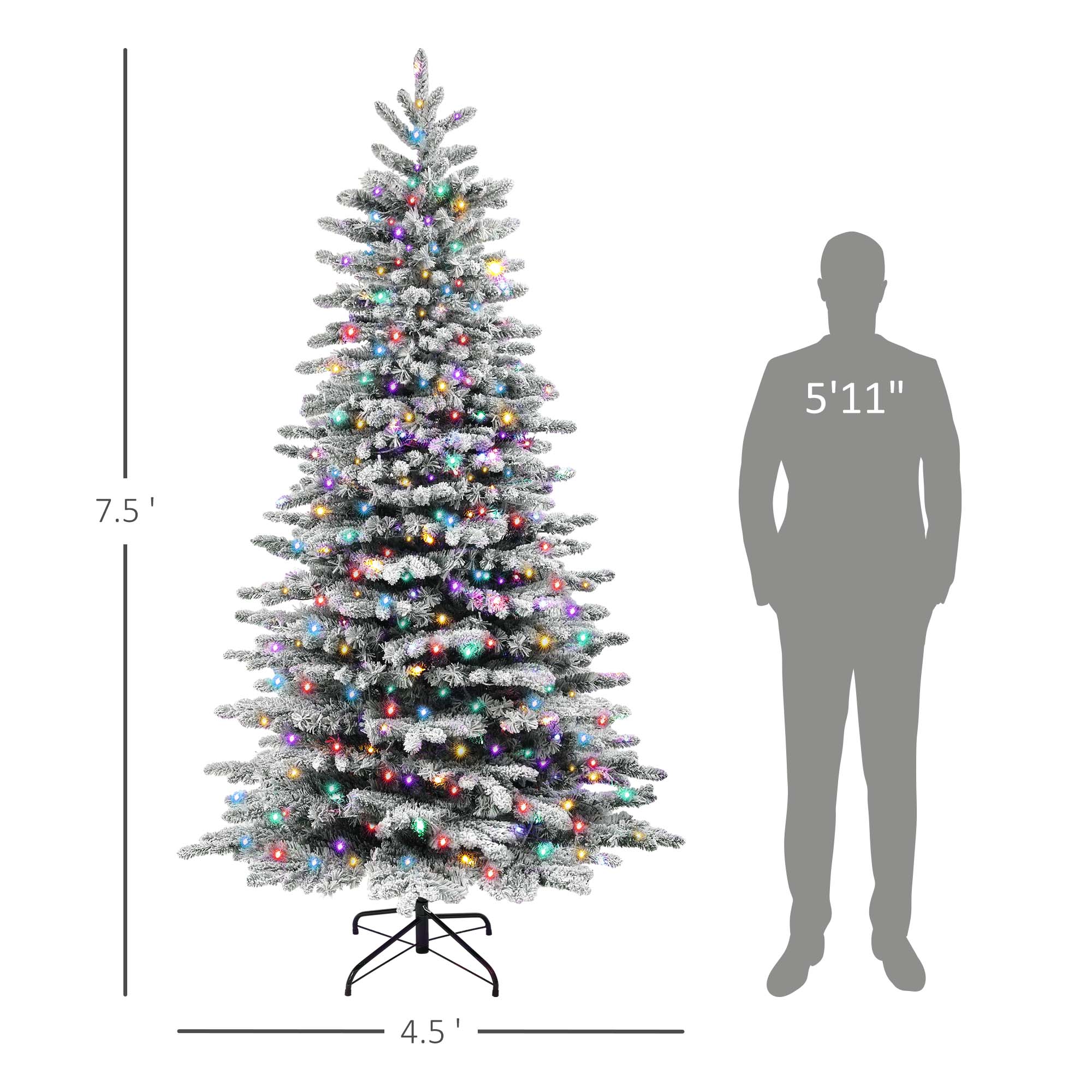 Snow-flocked branches with realistic pine needles and multicolor Christmas lights