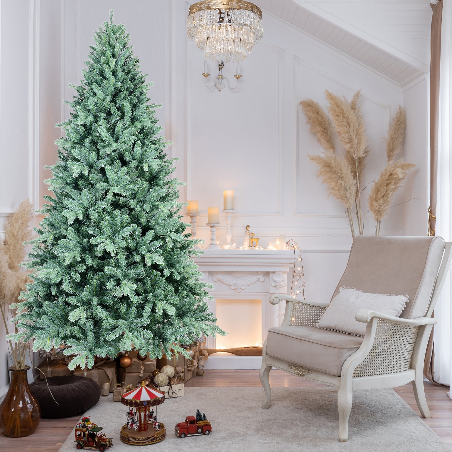 Blue Christmas tree with wrapped presents underneath in warm lighting