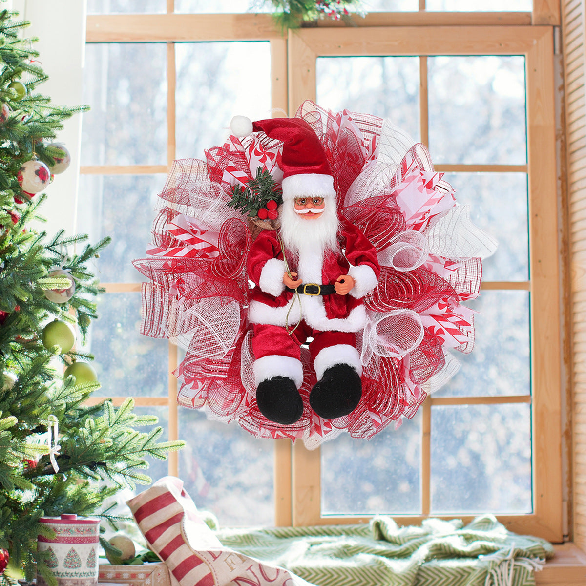 Red and gold Christmas door garland with lights for holiday decoration