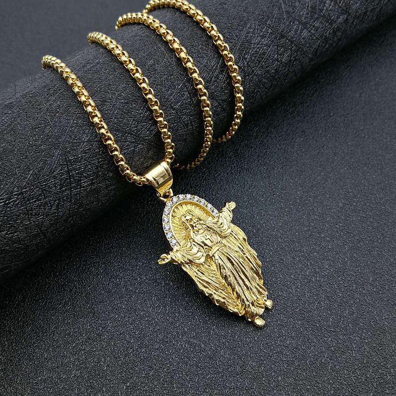 Asymmetric gold-plated pendant necklace displayed on model