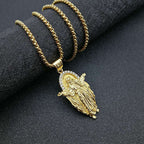 Asymmetric gold-plated pendant necklace displayed on model