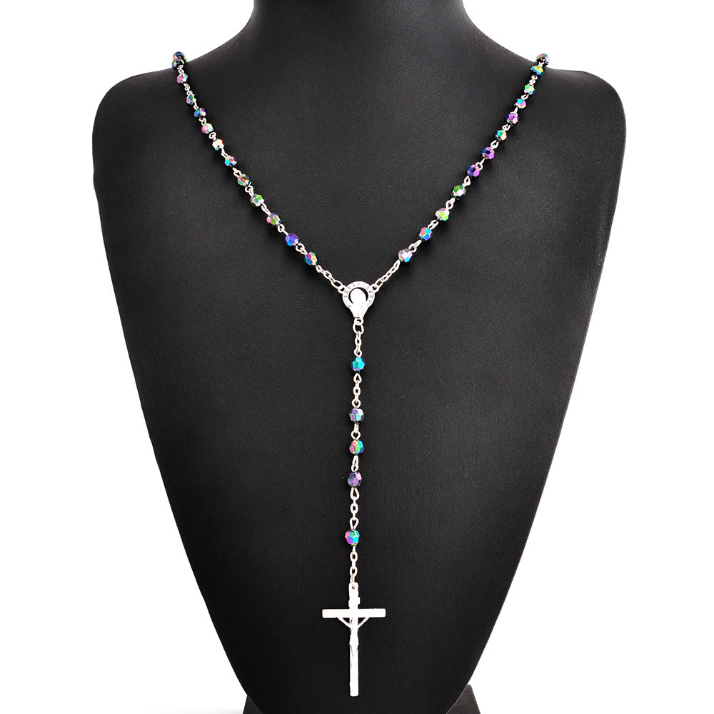 Horn-style prayer beads in multiple colors on a Catholic rosary necklace