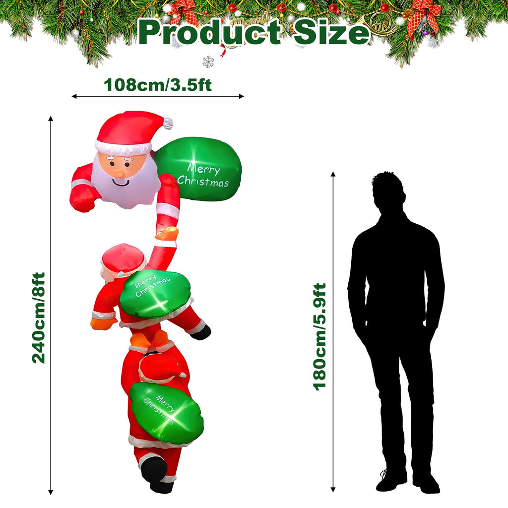 Set of three cheerful inflatable Santa Claus figures with red and green coloring