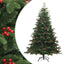 Green artificial folding Christmas tree with realistic pine cones and red berries on branches