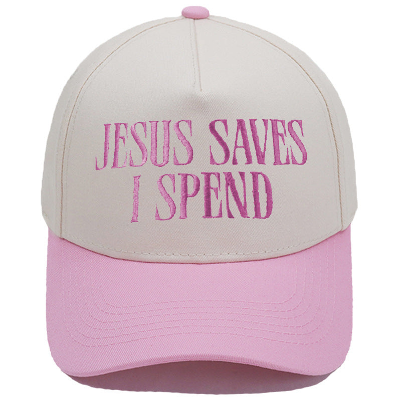 Jesus Saves I Spend color-block baseball cap in red rice color