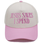 Jesus Saves I Spend color-block baseball cap in red rice color
