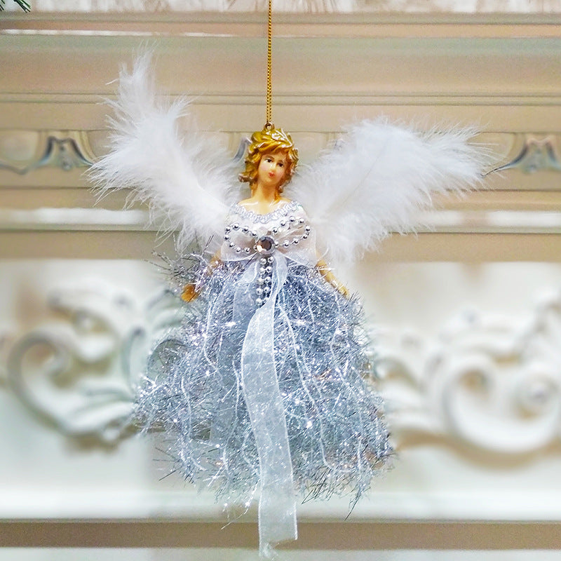 Glittery plush angel pendant in festive pose with bead accents Main image