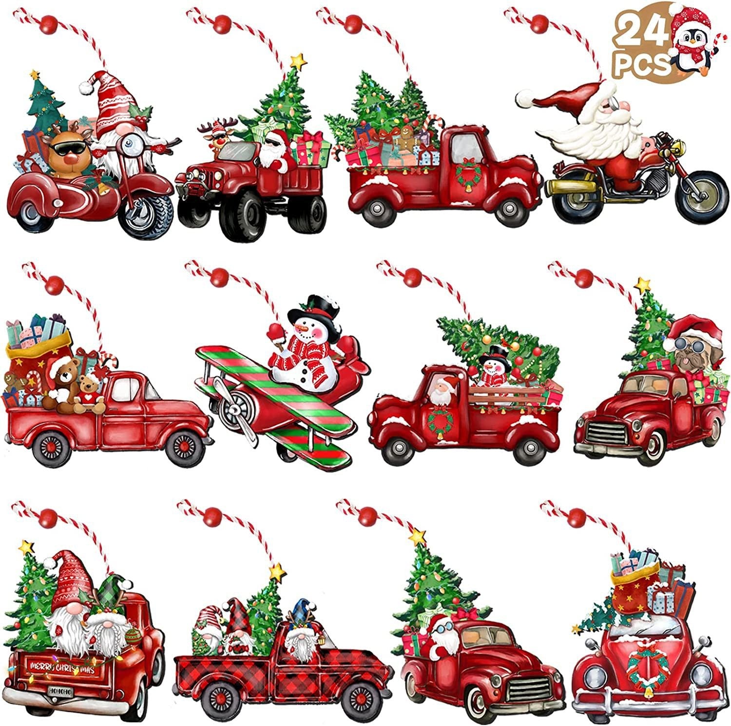 Collection of 24 wooden Christmas hanging ornaments - Holiday Home Accessories
