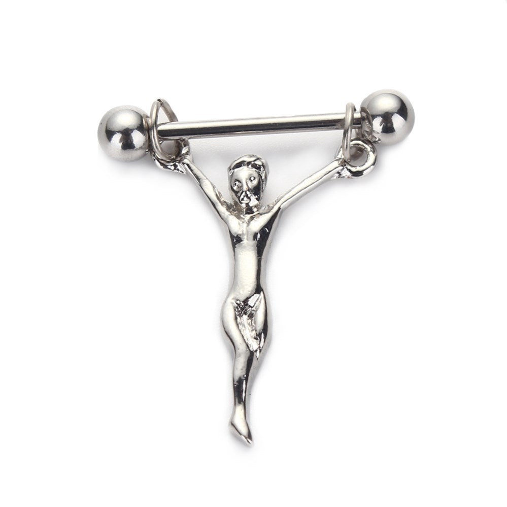 Jesus milk nipple ring with stainless steel ball end close-up