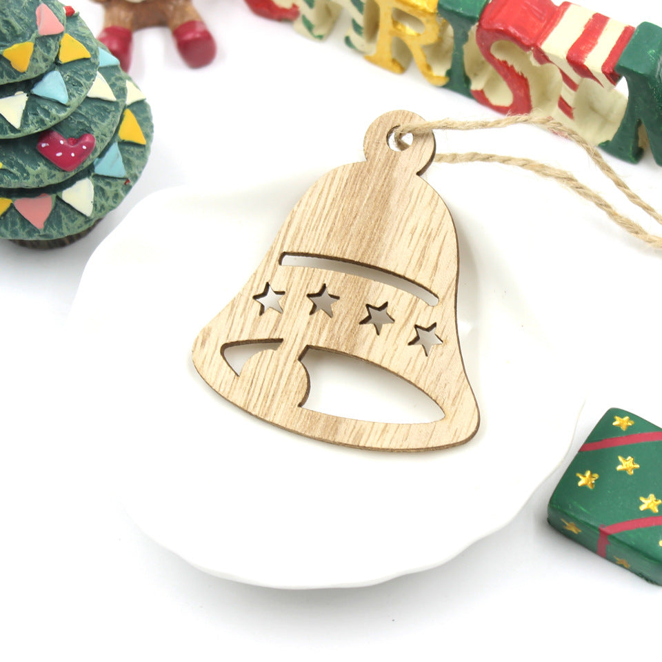 Set of 6 hand-carved birch wood Christmas pendant ornaments displayed together with angel, elk, and snowflake designs