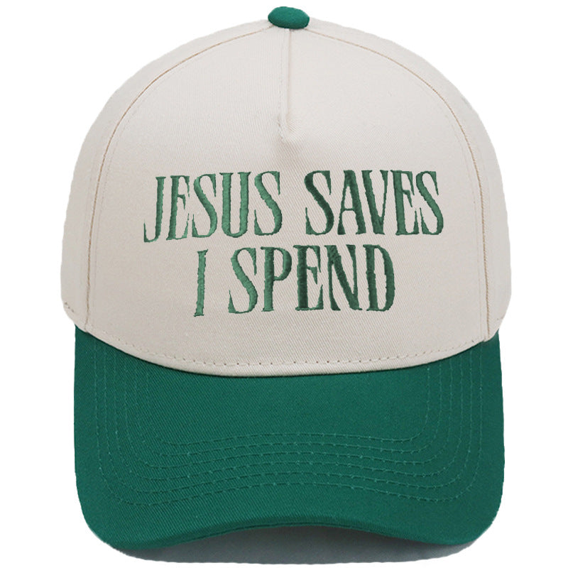 Jesus Saves I Spend Embroidered Trucker Hat top view showing dome crown
