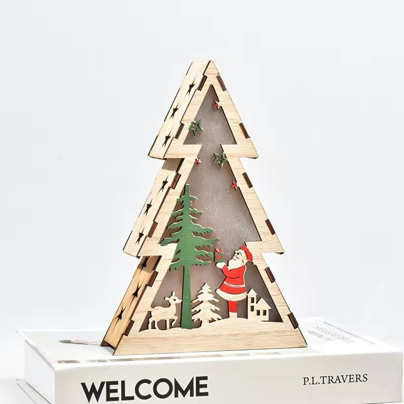 Wooden Christmas triangle ornament with gentle illumination for Christmas decorating