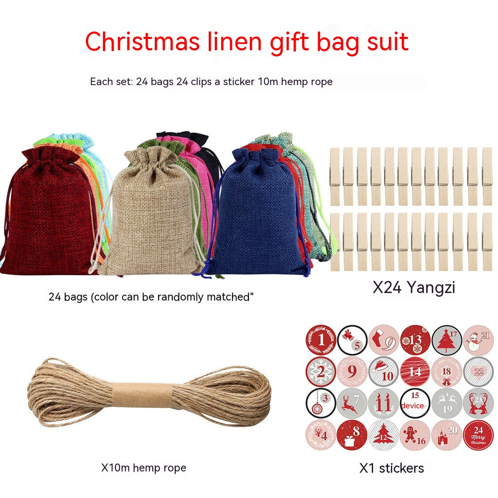 Linen gift bags arranged for Christmas display