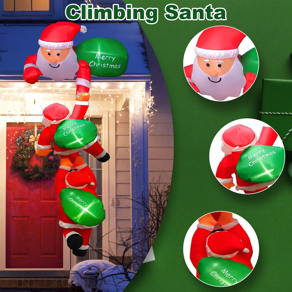 Merry Christmas inflatable boards displayed alongside Santa Claus decoration