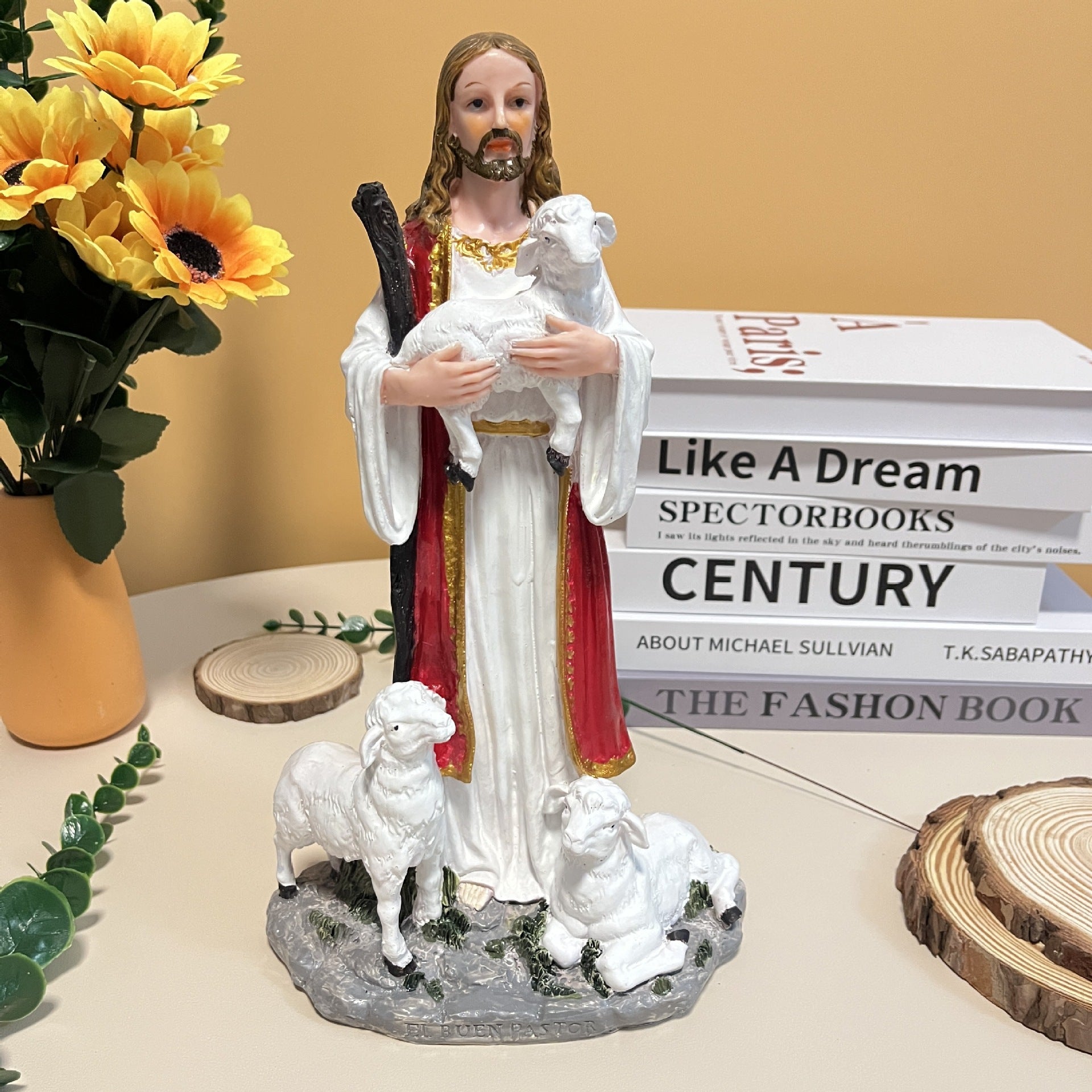 European style nativity scene with shepherd holding lamb near baby Jesus in resin Main image