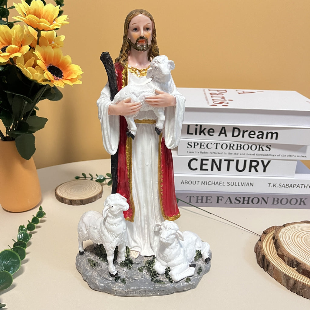 European style nativity scene with shepherd holding lamb near baby Jesus in resin