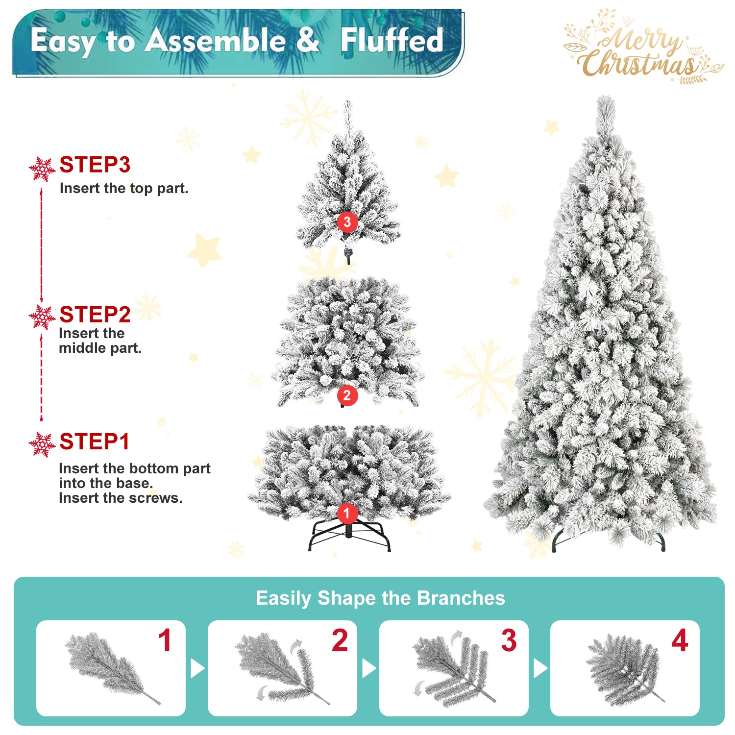 Flocked evergreen branches creating soft snowy appearance for Christmas decorating