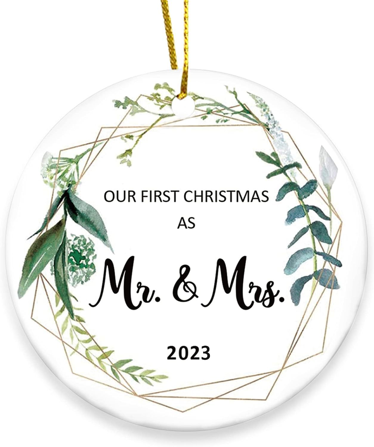 Close-up of round wooden Christmas hanging decoration with hanging string