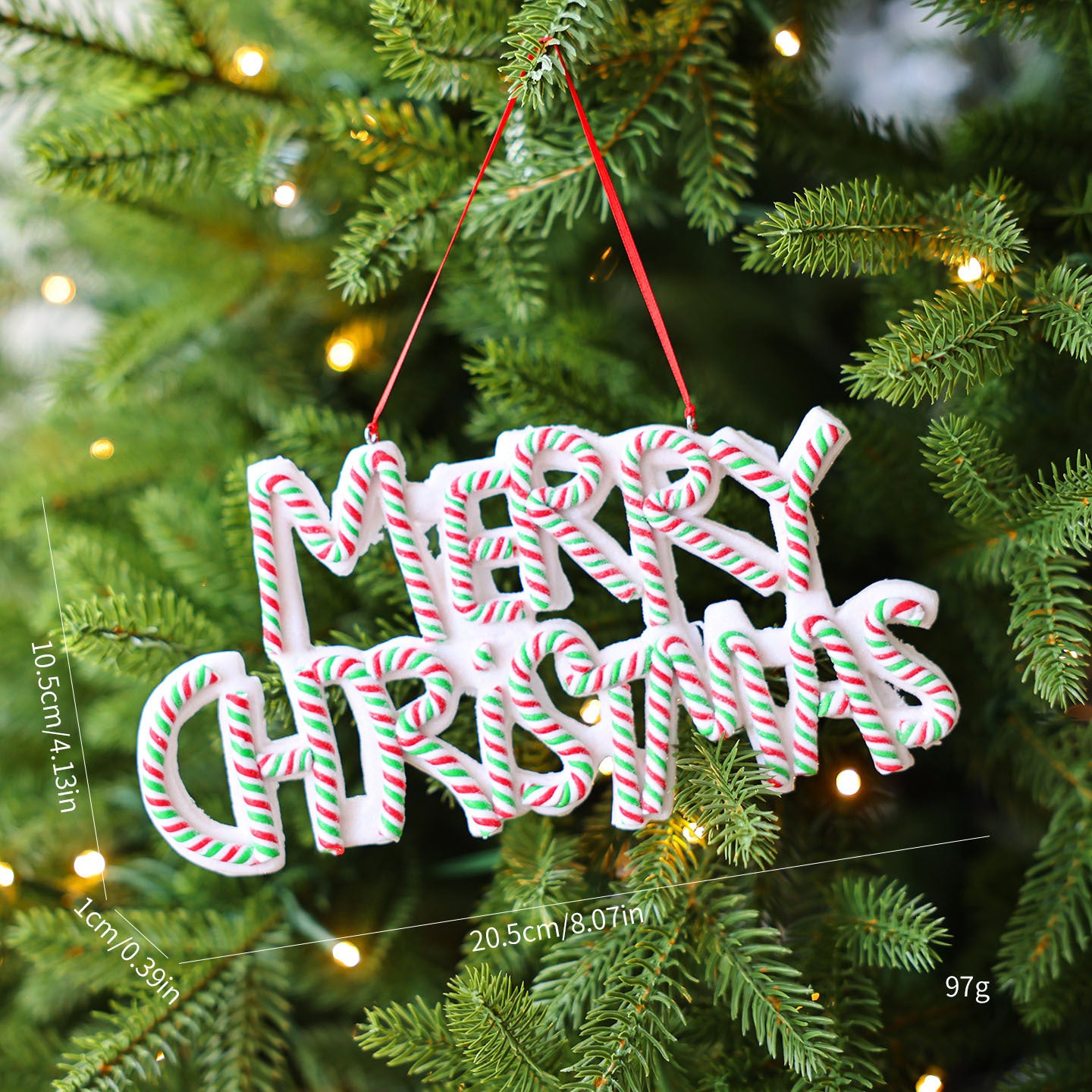 Festive Christmas ornament with holiday message close up