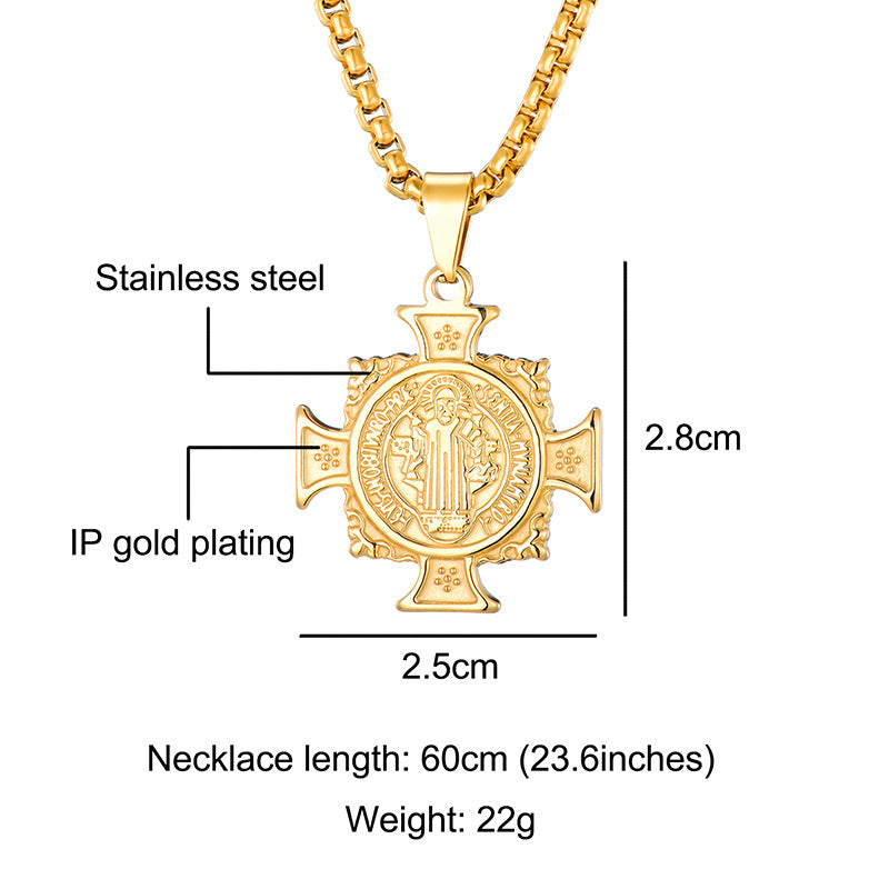 Stainless steel Saint Benedict pendant necklace with electroplated finish