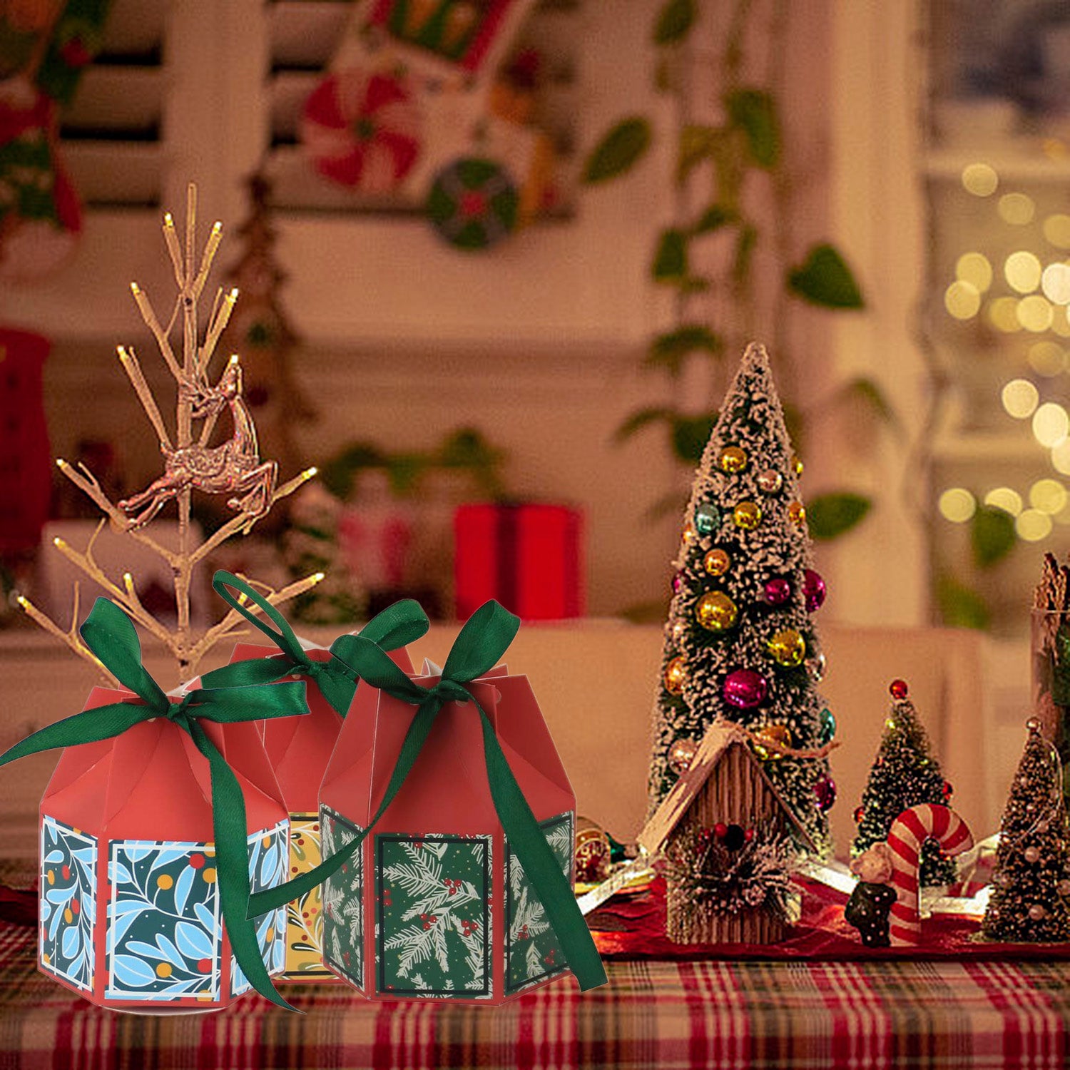 Christmas treat boxes filled with assorted holiday cookies and candies displayed at festive holiday gathering