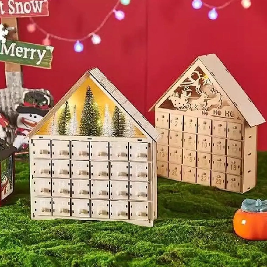 LED light detail inside natural wood Advent calendar decoration