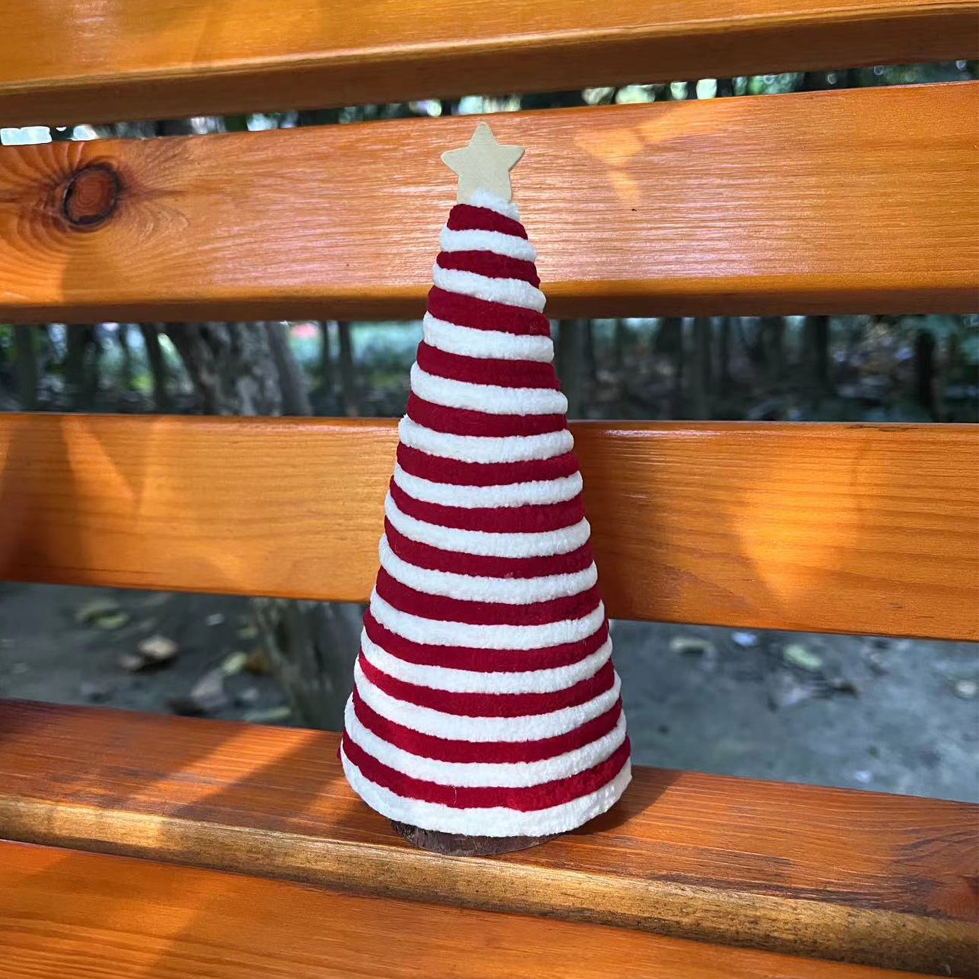 Red and white striped cotton thread mini tree decoration for holiday mantle