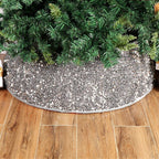 Festive Christmas tree skirt in silver gray sequins with non-woven fabric texture