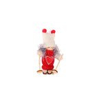 Wooden ski doll Christmas ornament showing detail of wool and wood craftsmanship