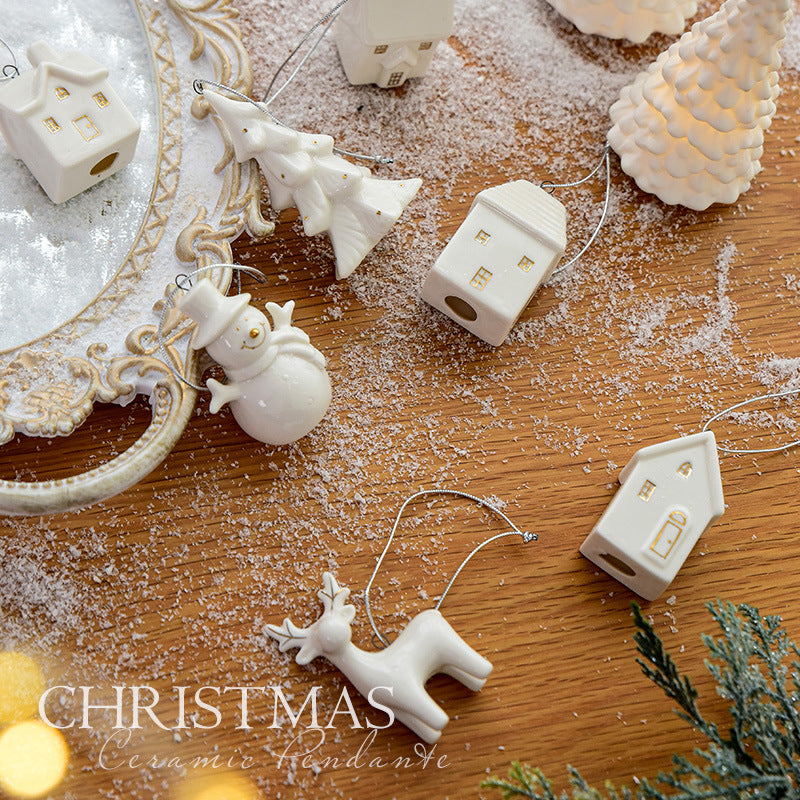 Mini ceramic pendant featuring festive house and Christmas tree motifs for seasonal faith decor