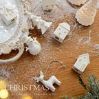 Mini ceramic pendant featuring festive house and Christmas tree motifs for seasonal faith decor