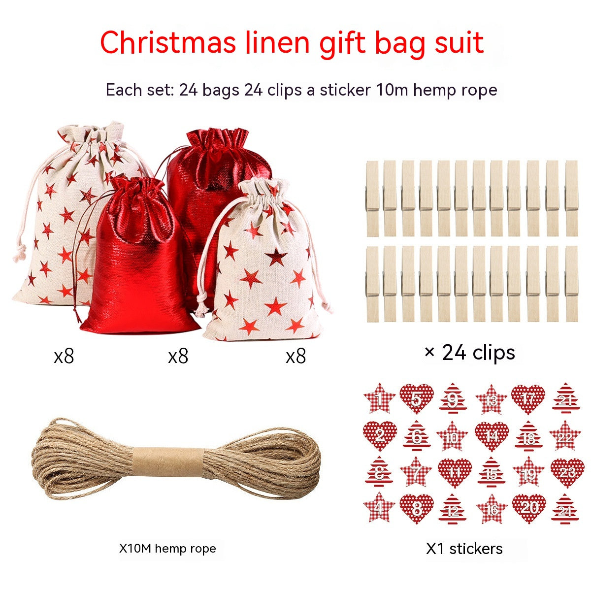 Gilded cloth Christmas gift bags laid out showing various red designs