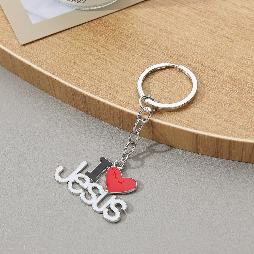 Close-up view of 3.37 inch Jesus cross keychain in elegant religious jewelry style with sturdy keyring holder