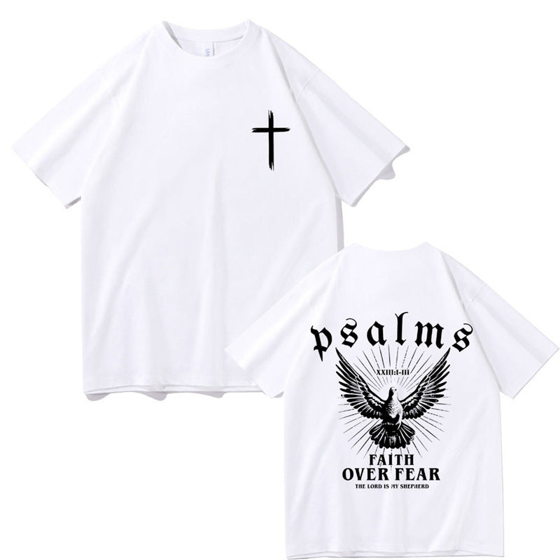 Faith over fear dove graphic t-shirt front view in white