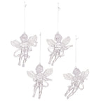 Four angel ornaments arranged together against festive background