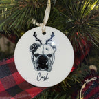 White porcelain pet portrait ornament hanging on Christmas tree branch