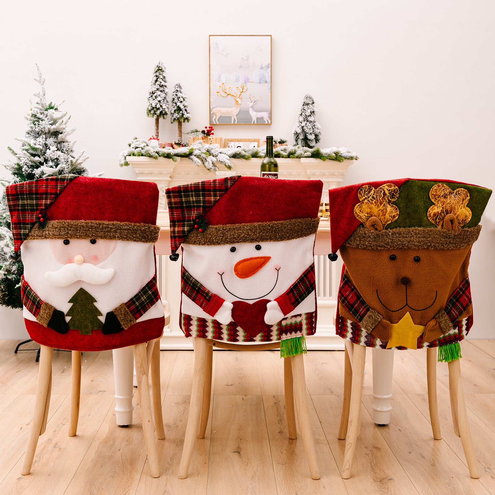 Festive Christmas chair cover with snowman and elk pattern in warm tones